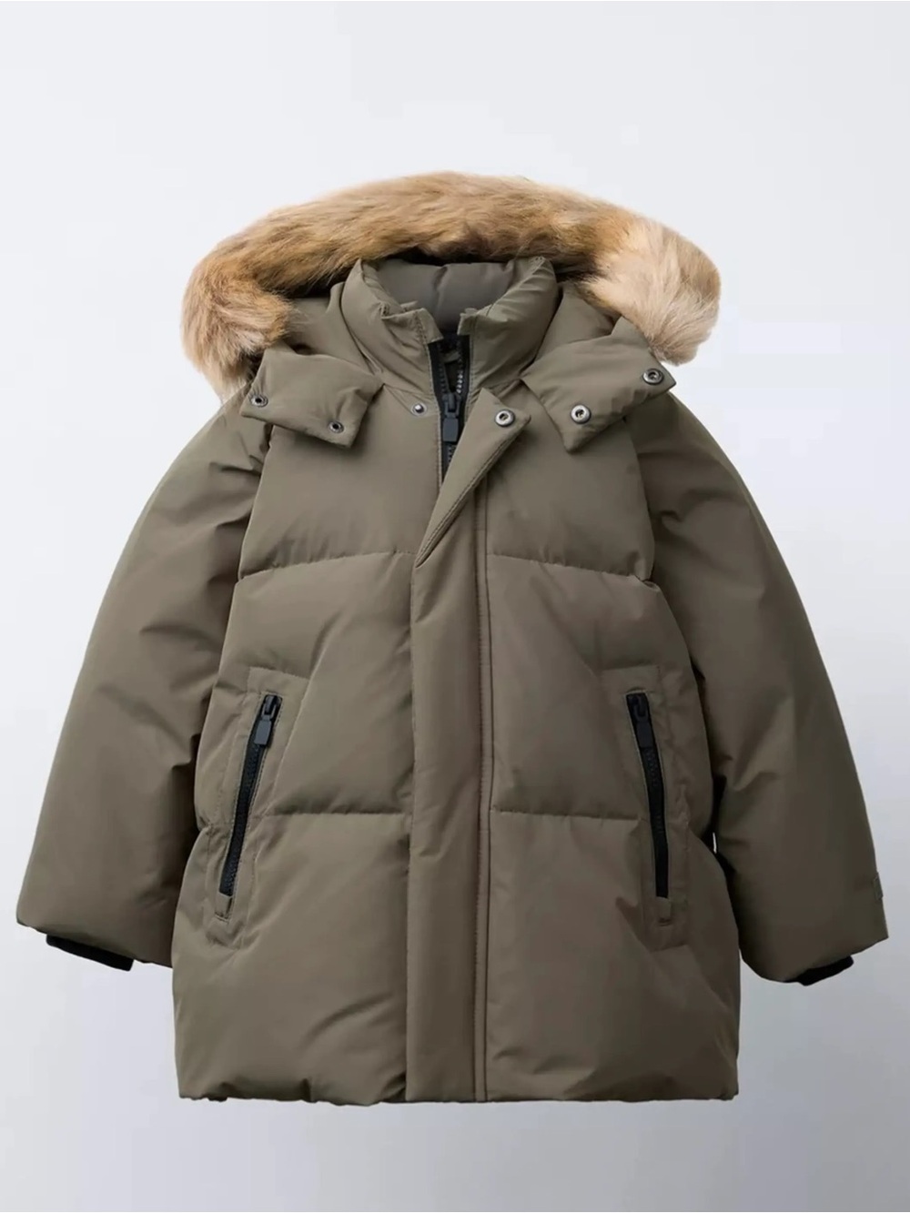 Zara Olive Green Puffer Jacket with Faux Fur Hood